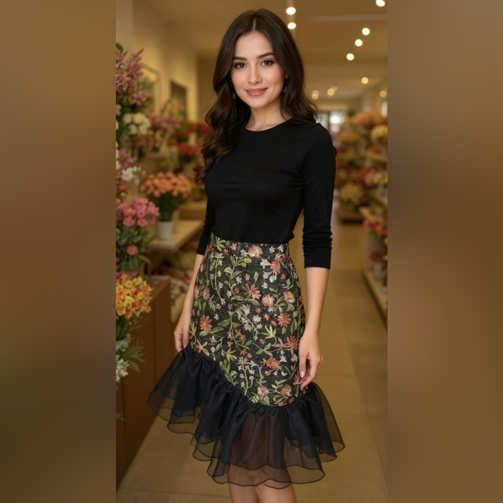 Hesperus Floral Embroidered Black Skirt